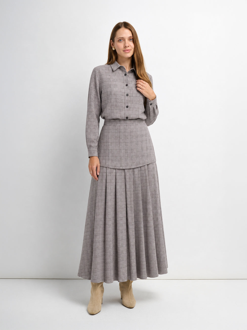 Houndstooth Pleat bottom Skirt-Black/White