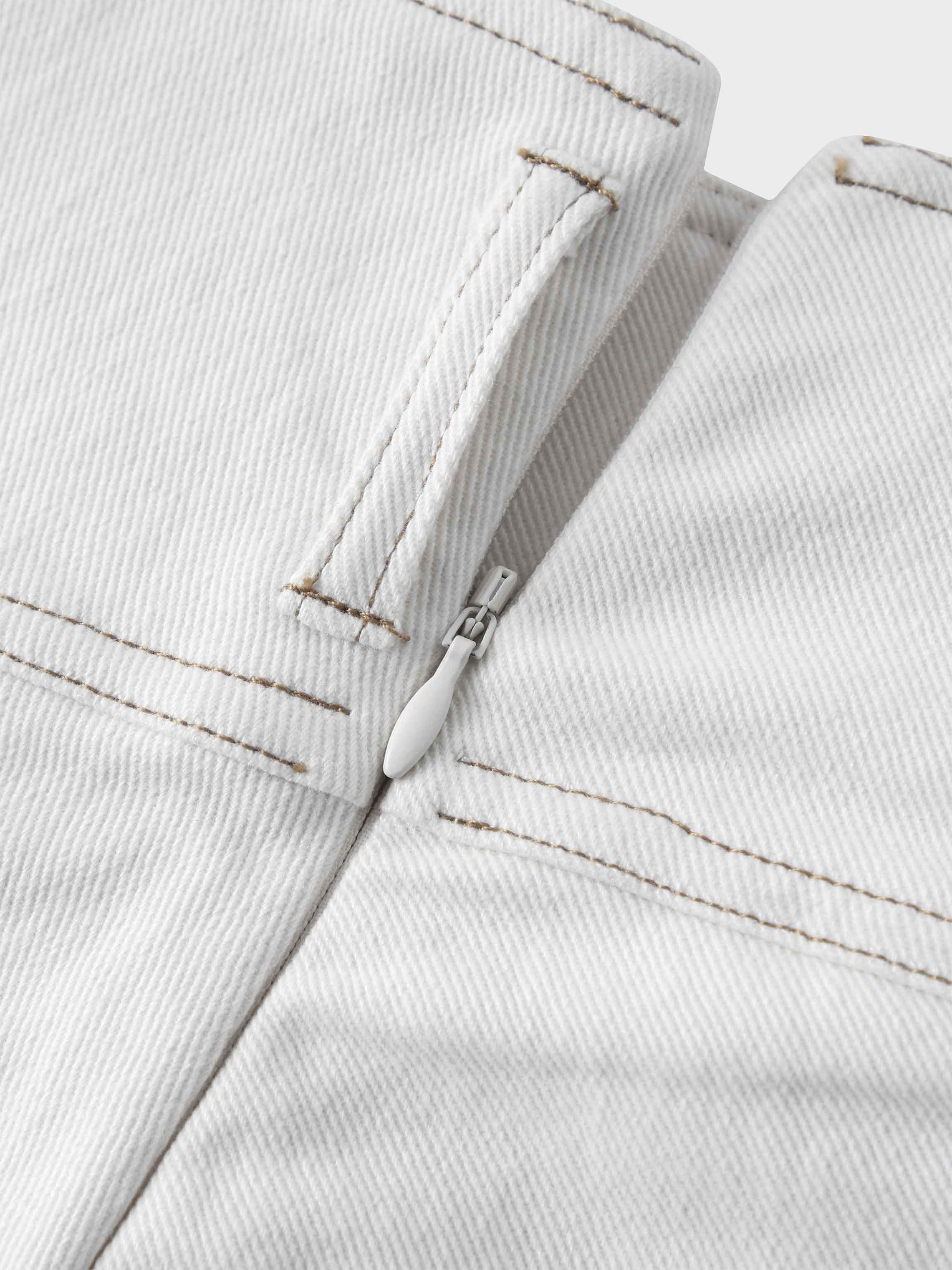 Stitched Tiered Belted Denim Skirt-Cream