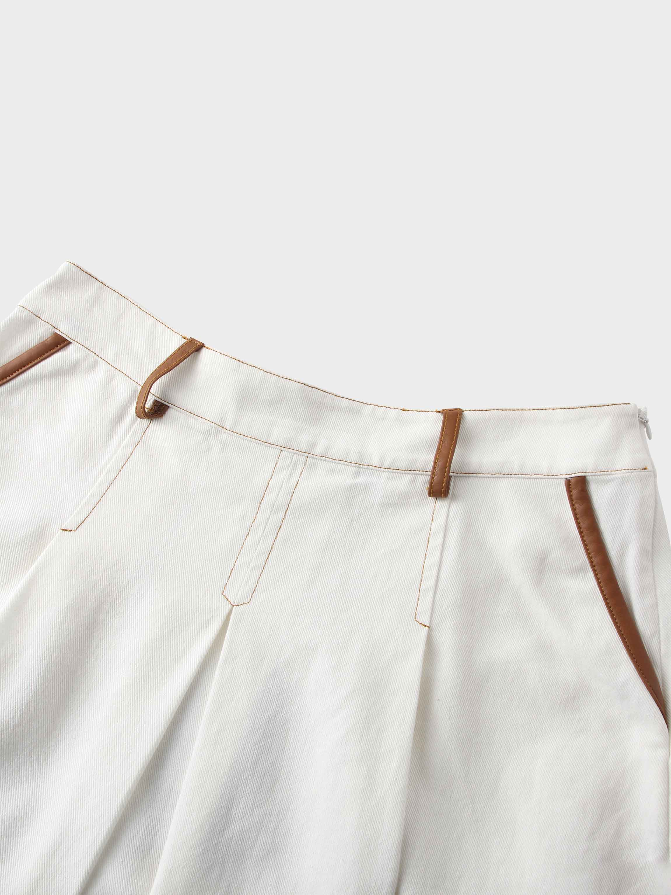 Leather Trim Denim Skirt-White