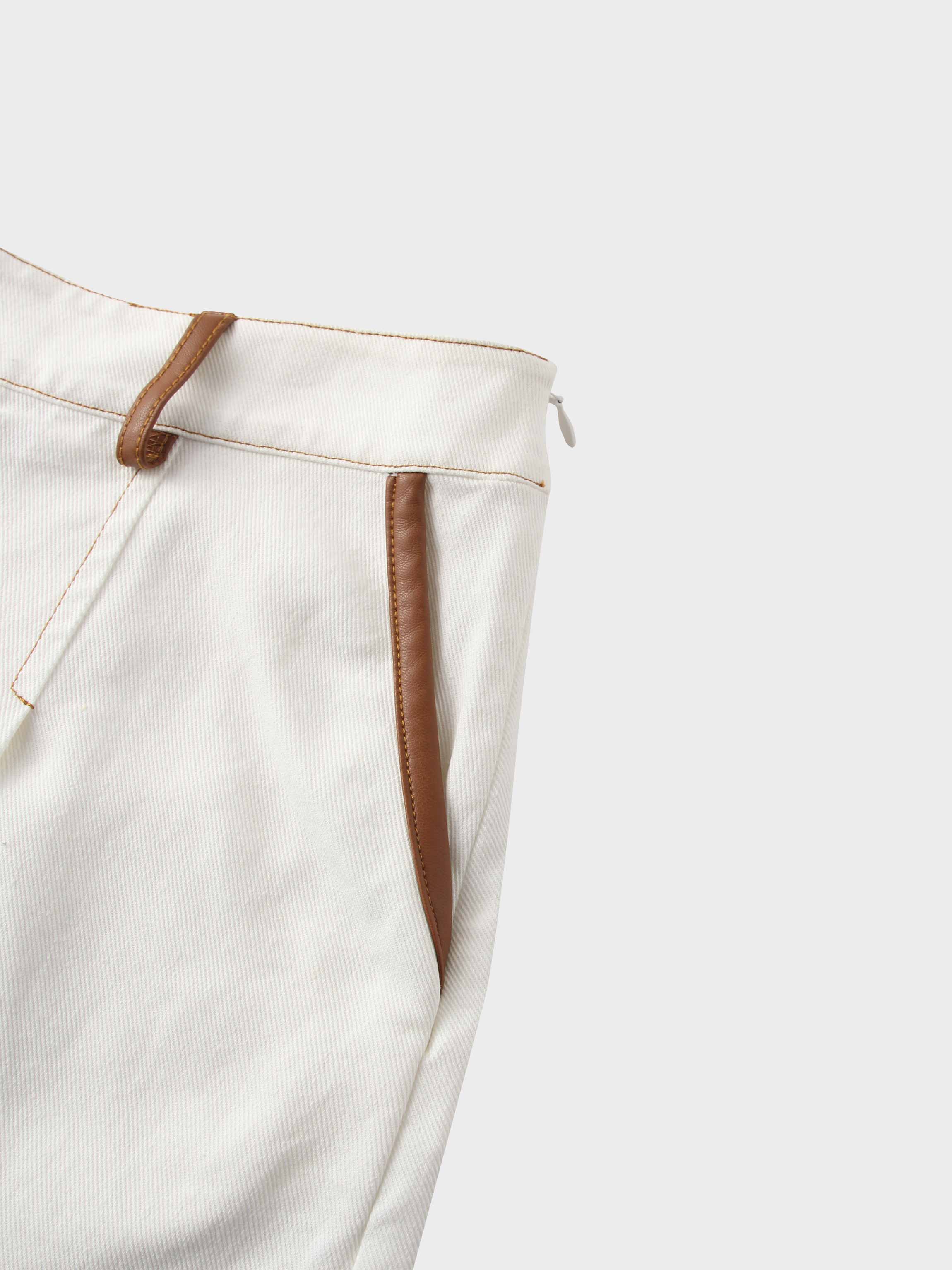 Leather Trim Denim Skirt-White