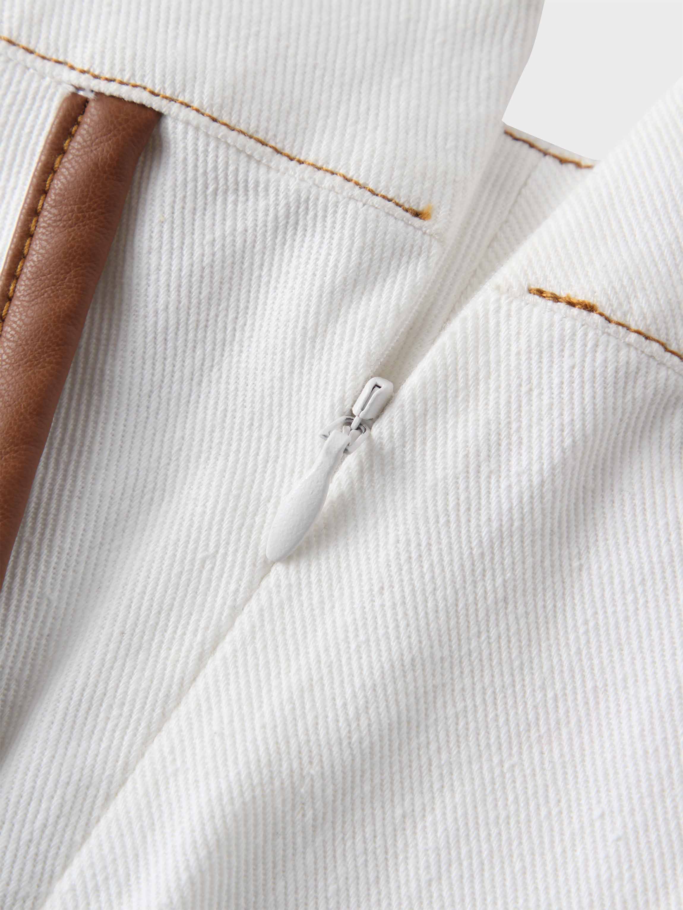 Leather Trim Denim Skirt-White