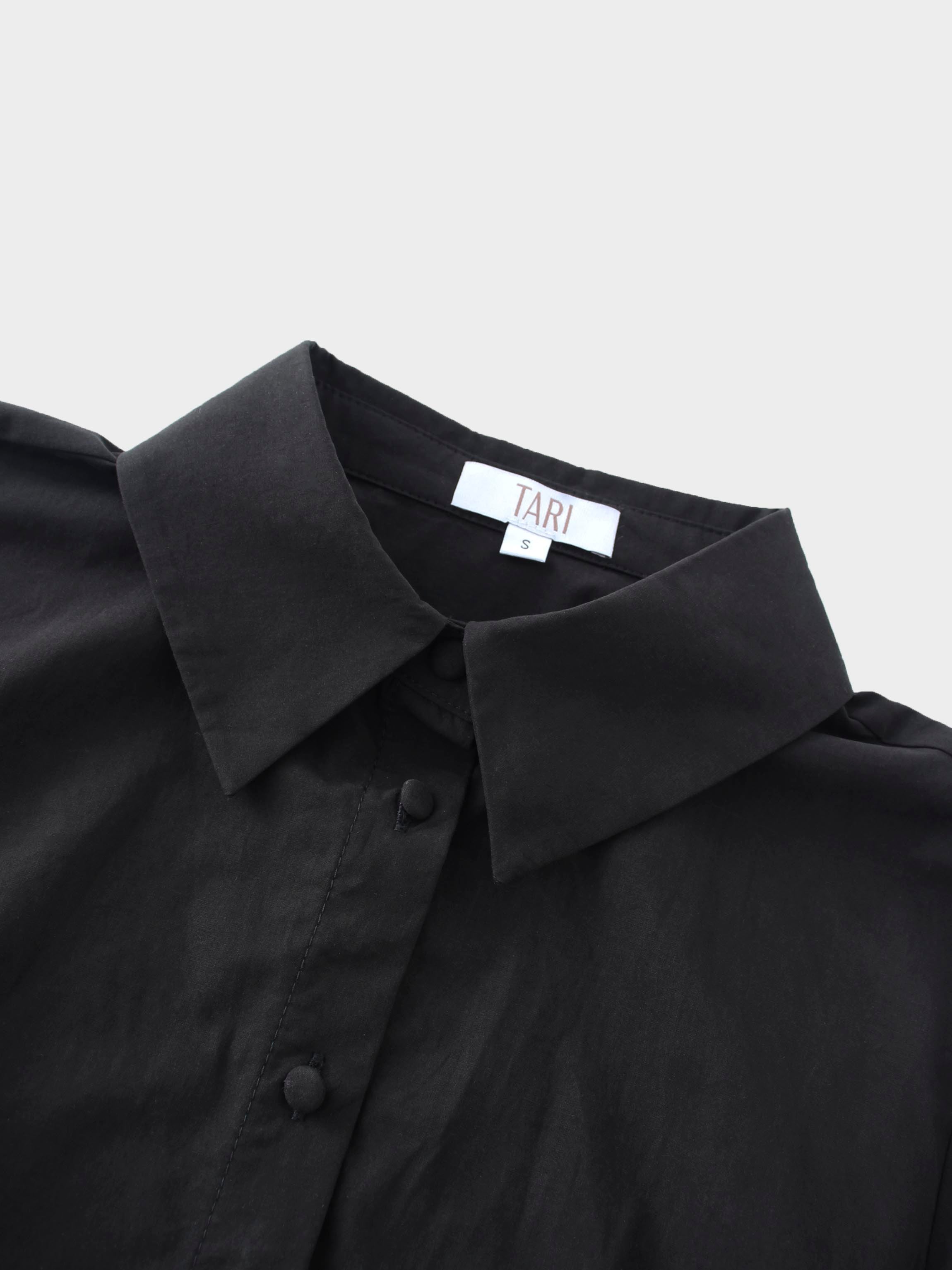 Elastic Waist Tiered Shirtdress-Black