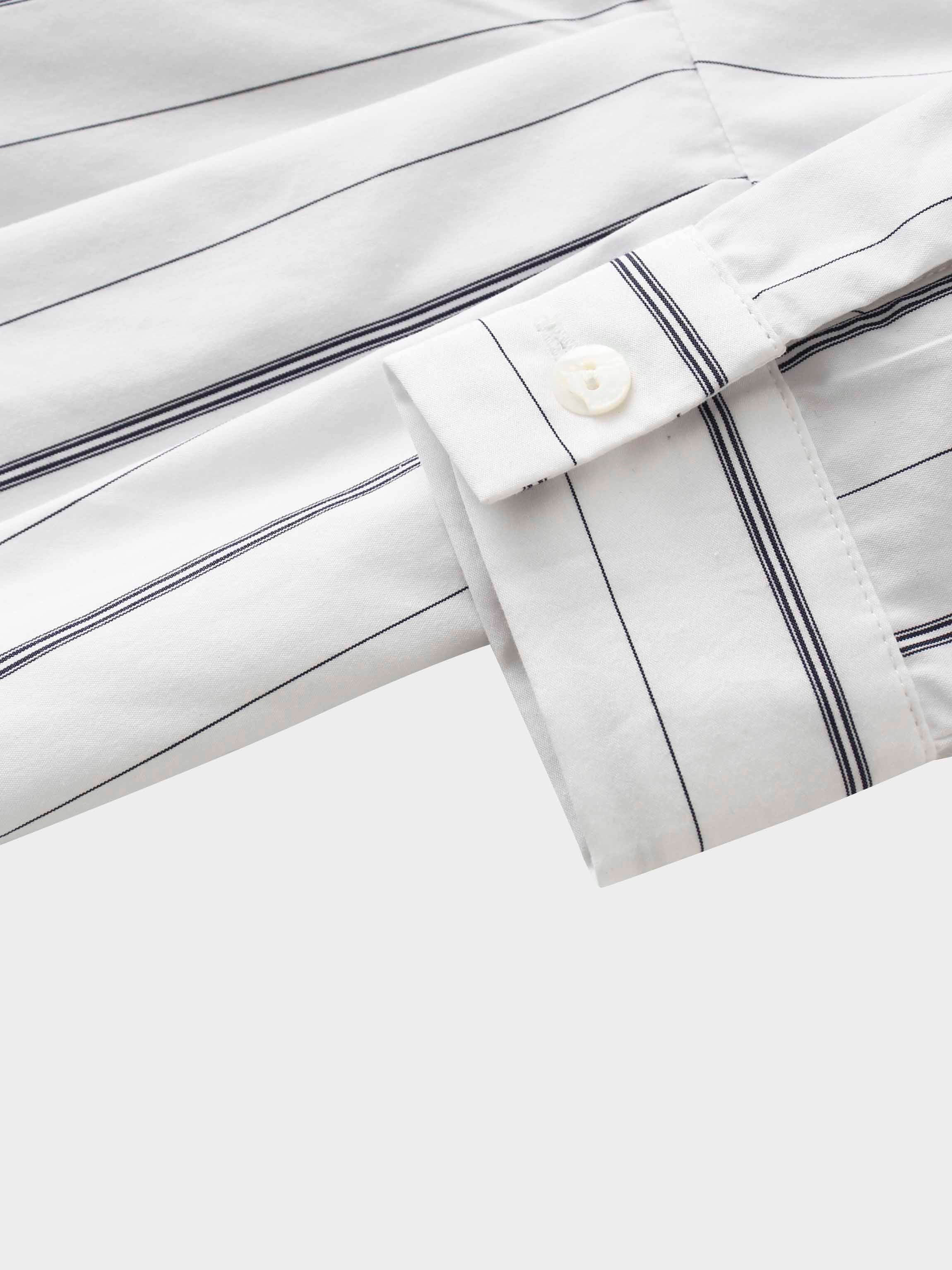 Jeweled Collar Belted Shirtdress-White Pinstripe