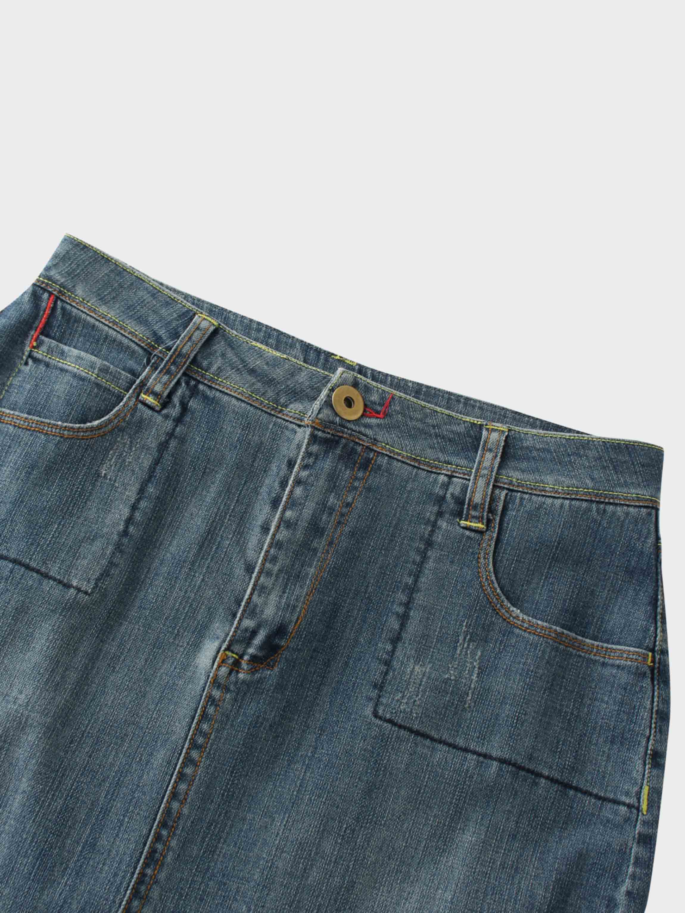 Front Kick Pleat Denim Skirt-Blue