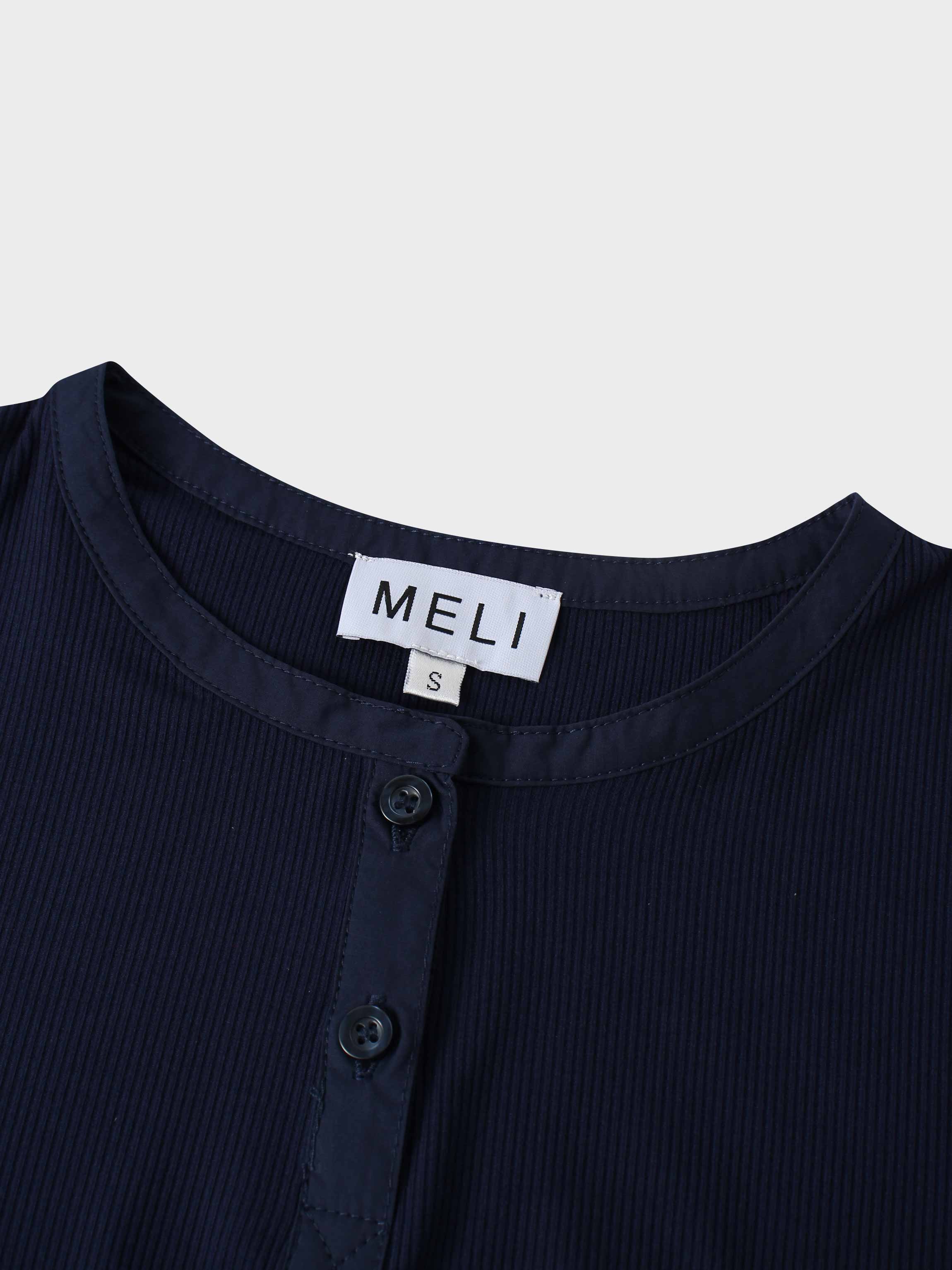 Puff Sleeve Ribbed T-Shirt-Navy