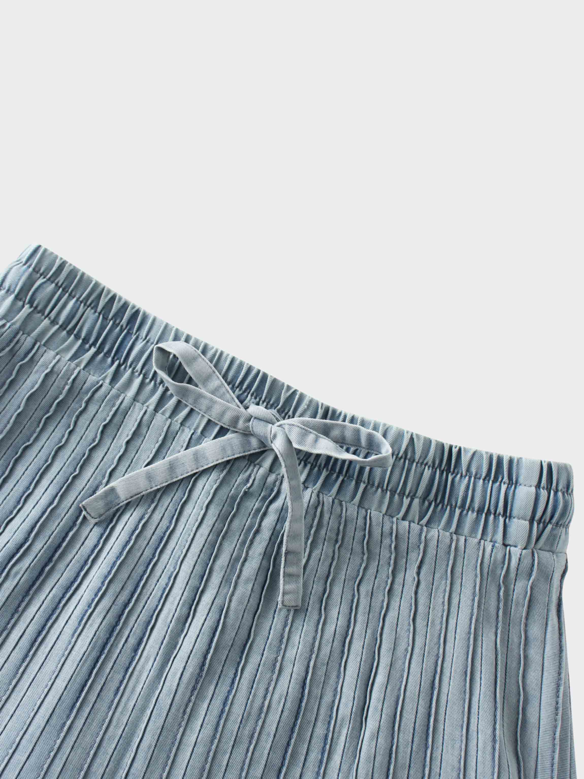 Stitched Micro Pleat Denim Skirt-Light Blue