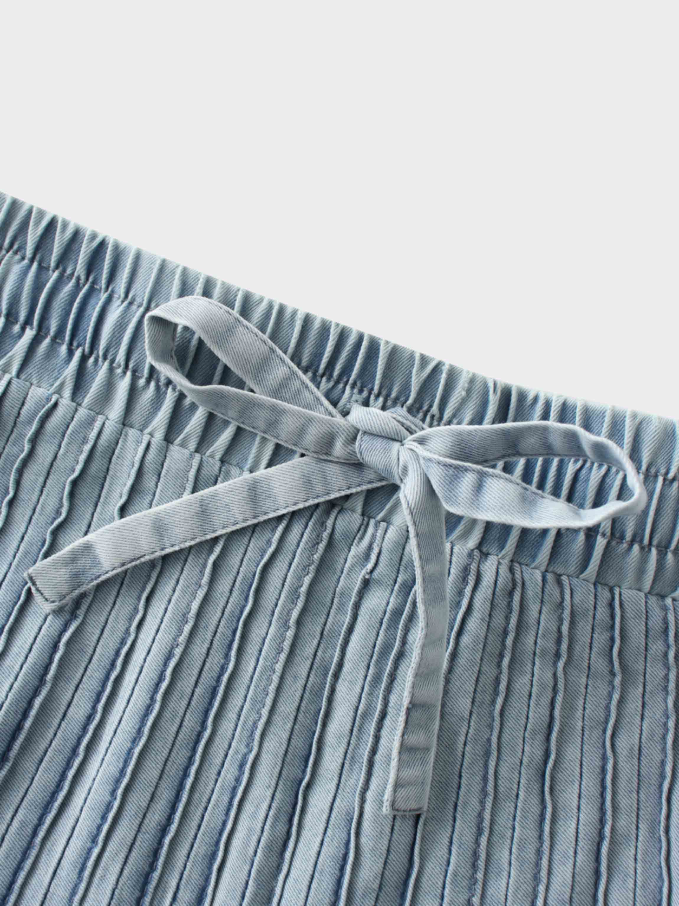 Stitched Micro Pleat Denim Skirt-Light Blue