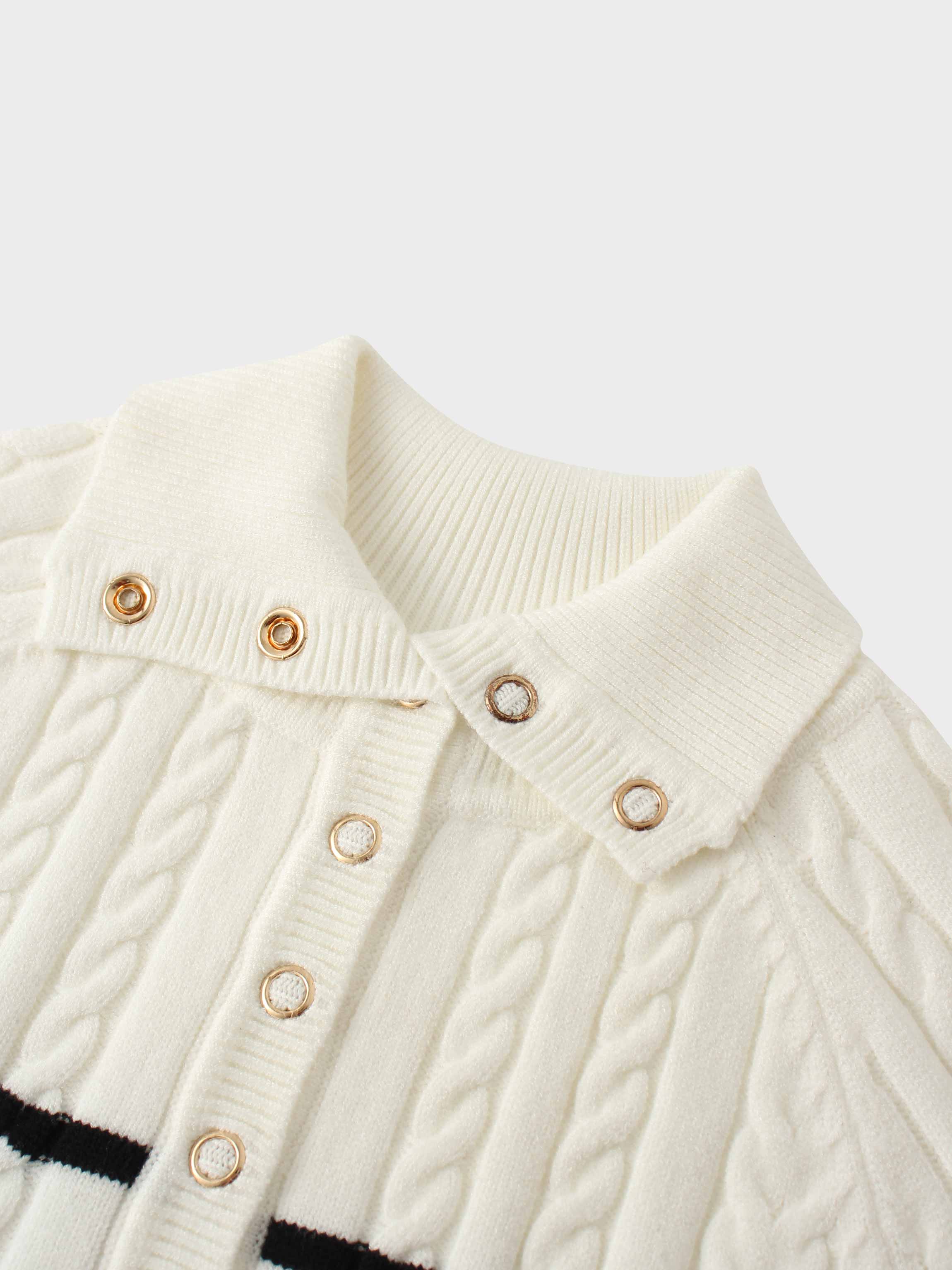 Shawl Snap Collar Striped Cable Sweater-Cream/Black
