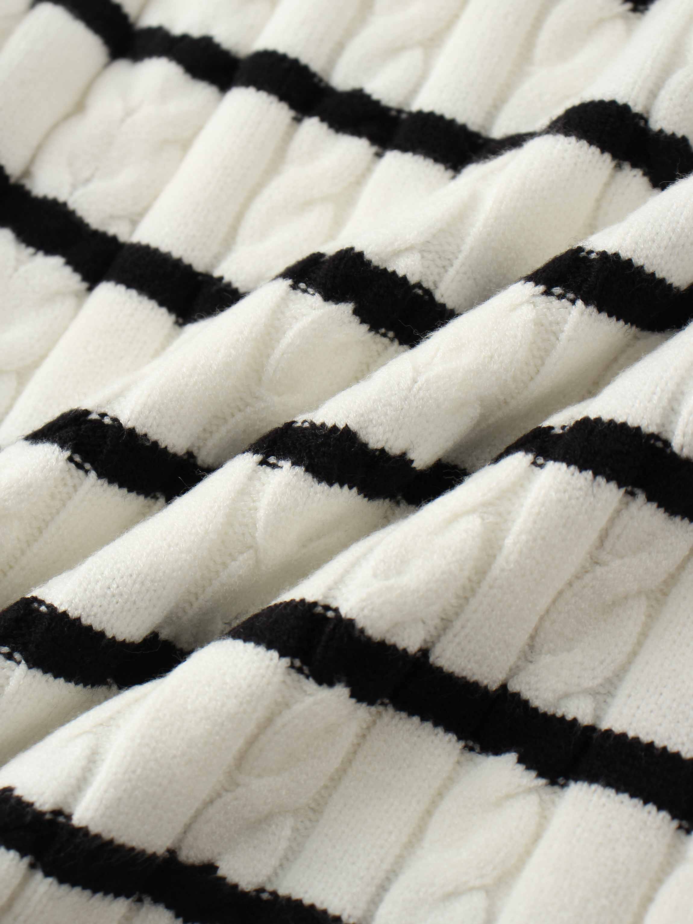 Shawl Snap Collar Striped Cable Sweater-Cream/Black