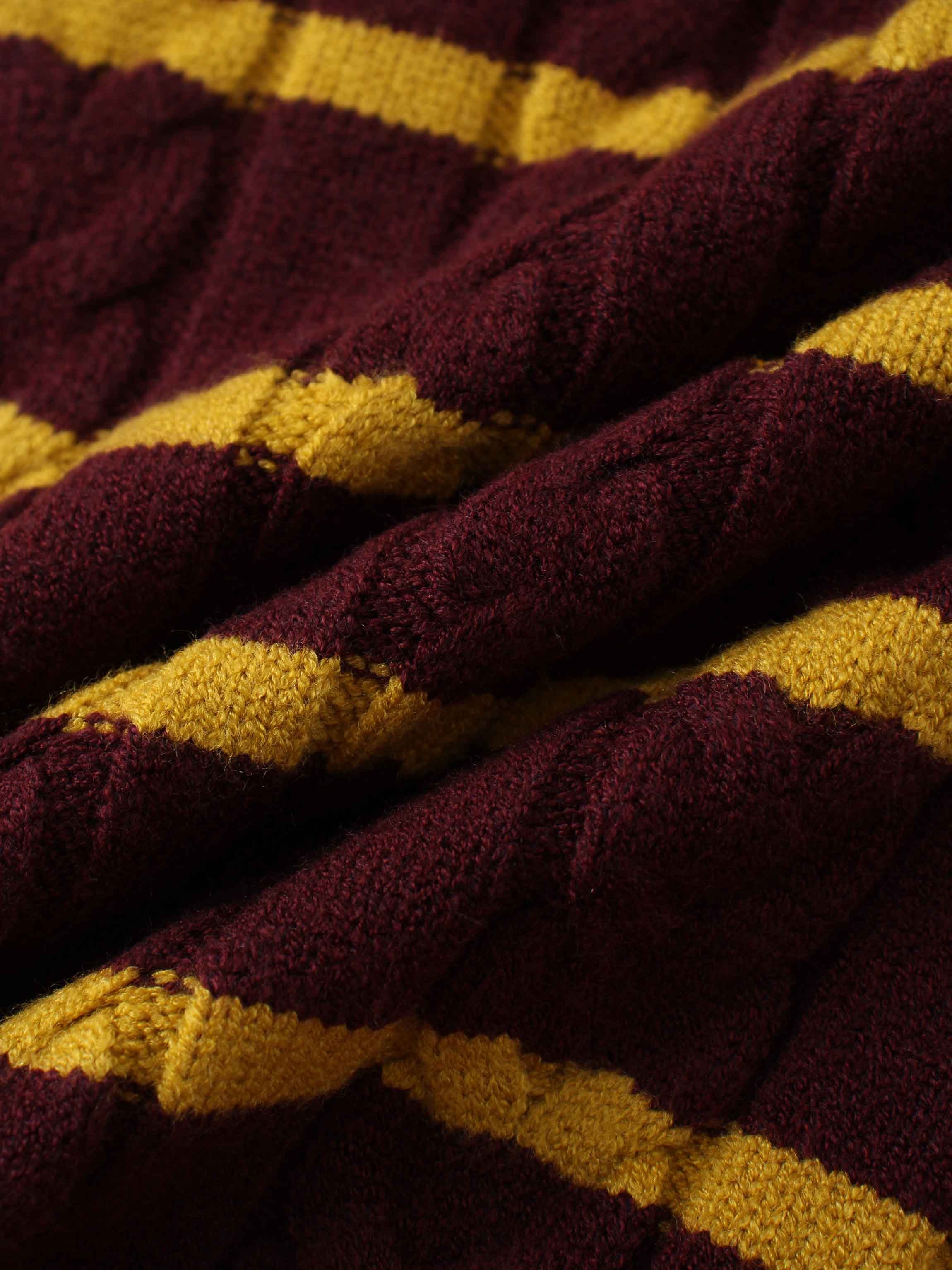Shawl Snap Collar Striped Cable Sweater-Burgundy/Yellow