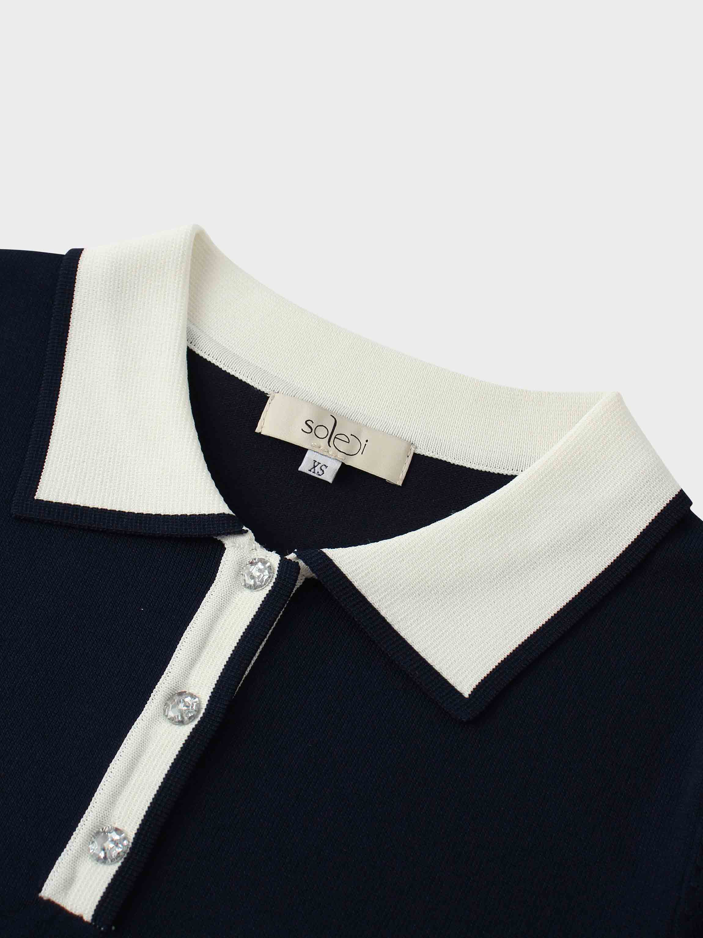 Pearl Button Collar Sweater-Navy/Cream