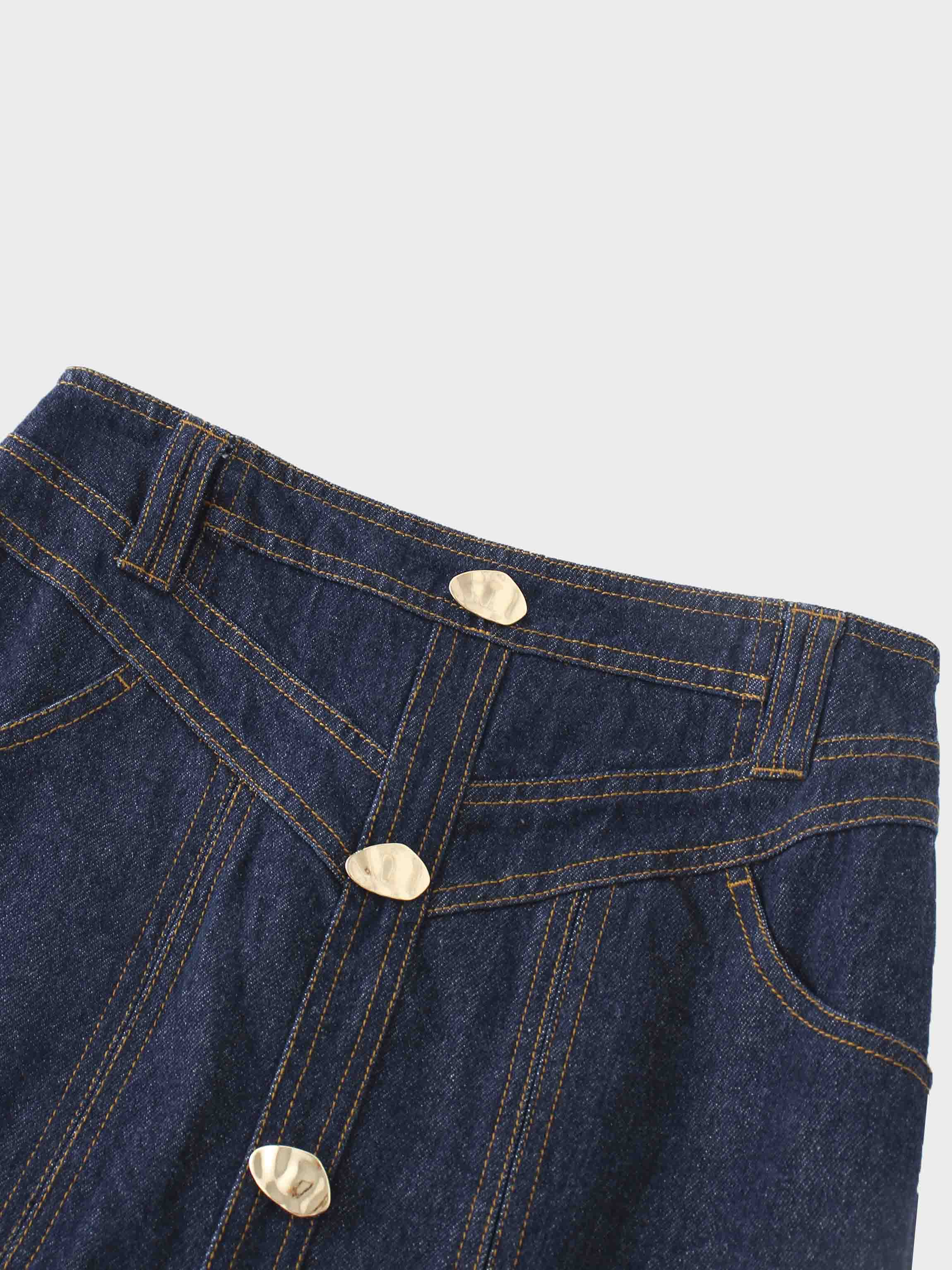 Button Design Denim Skirt-Blue