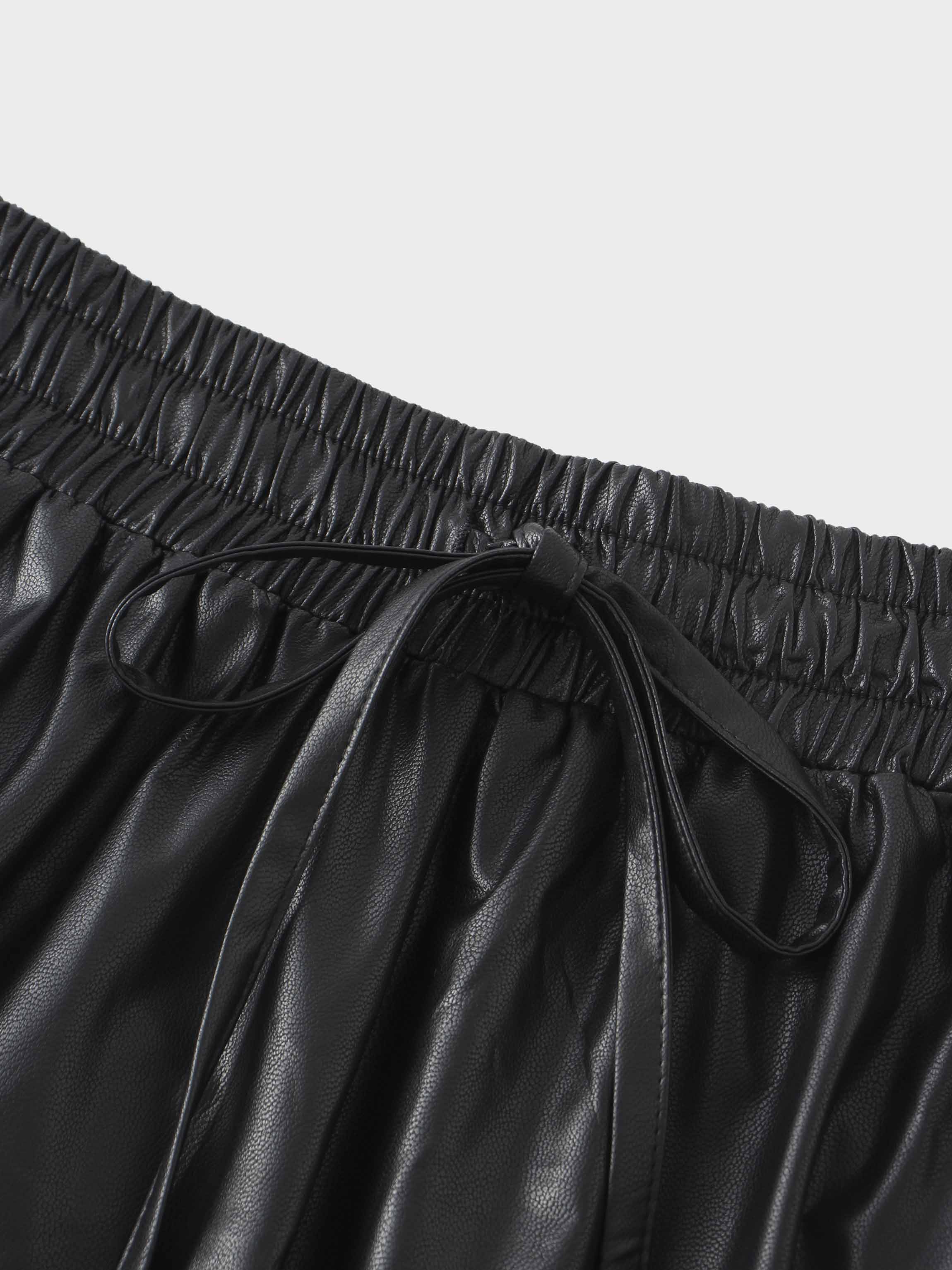 Drawstring Faux Leather Skirt-Black