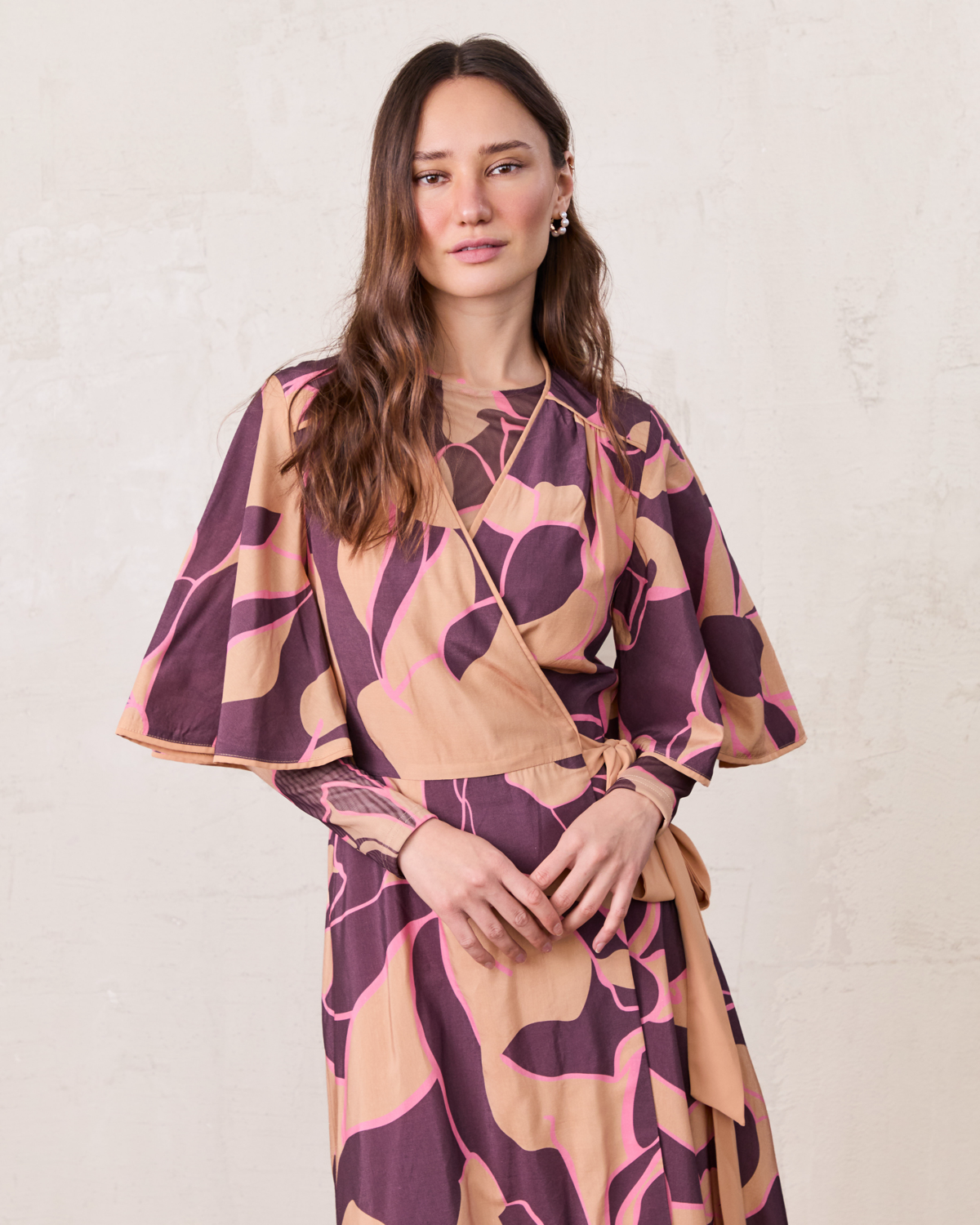 Flutter Sleeve Wrap Dress-Peach Floral