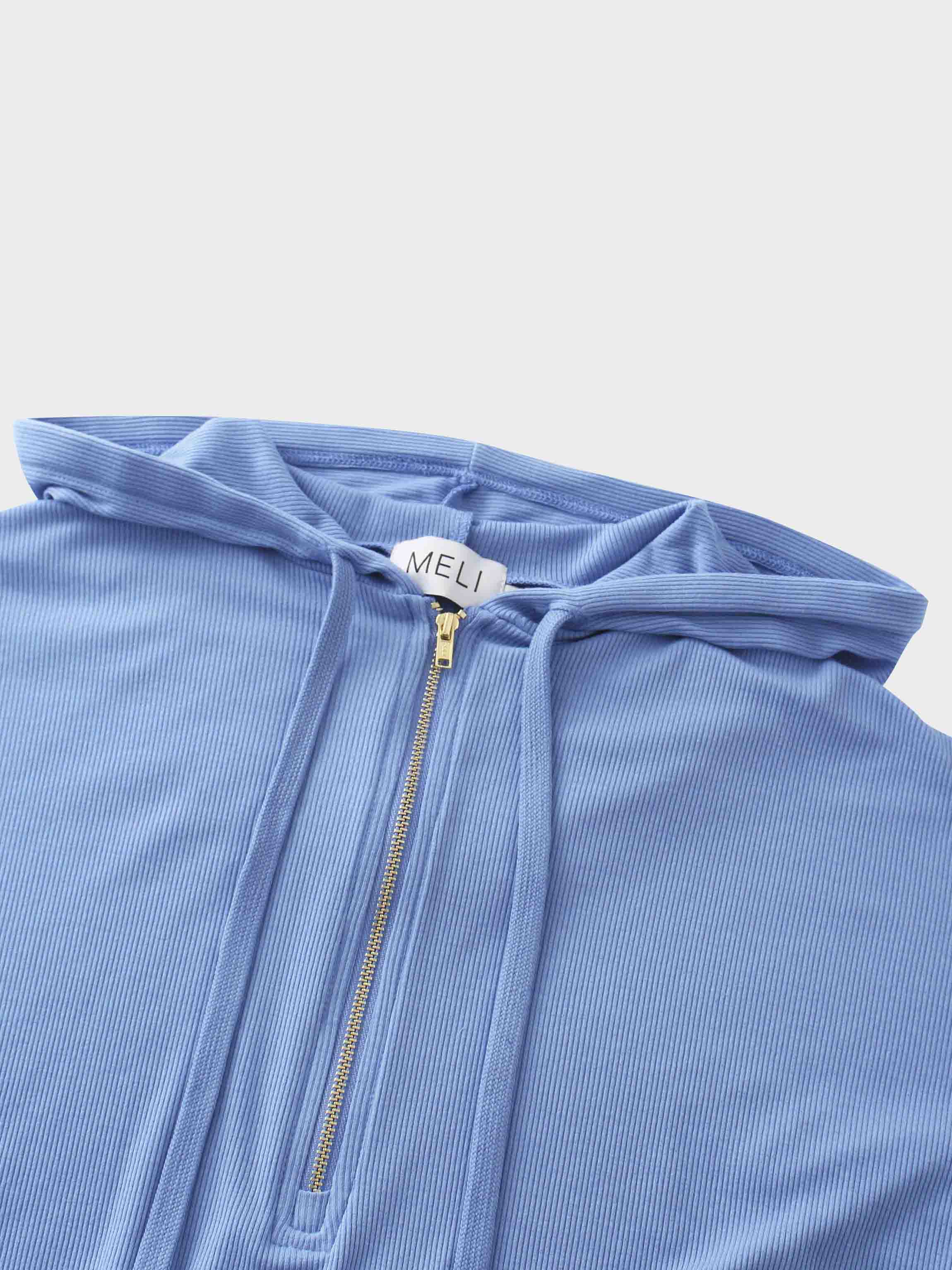 Ribbed Half Zip Hoodie Tee-Periwinkle Blue