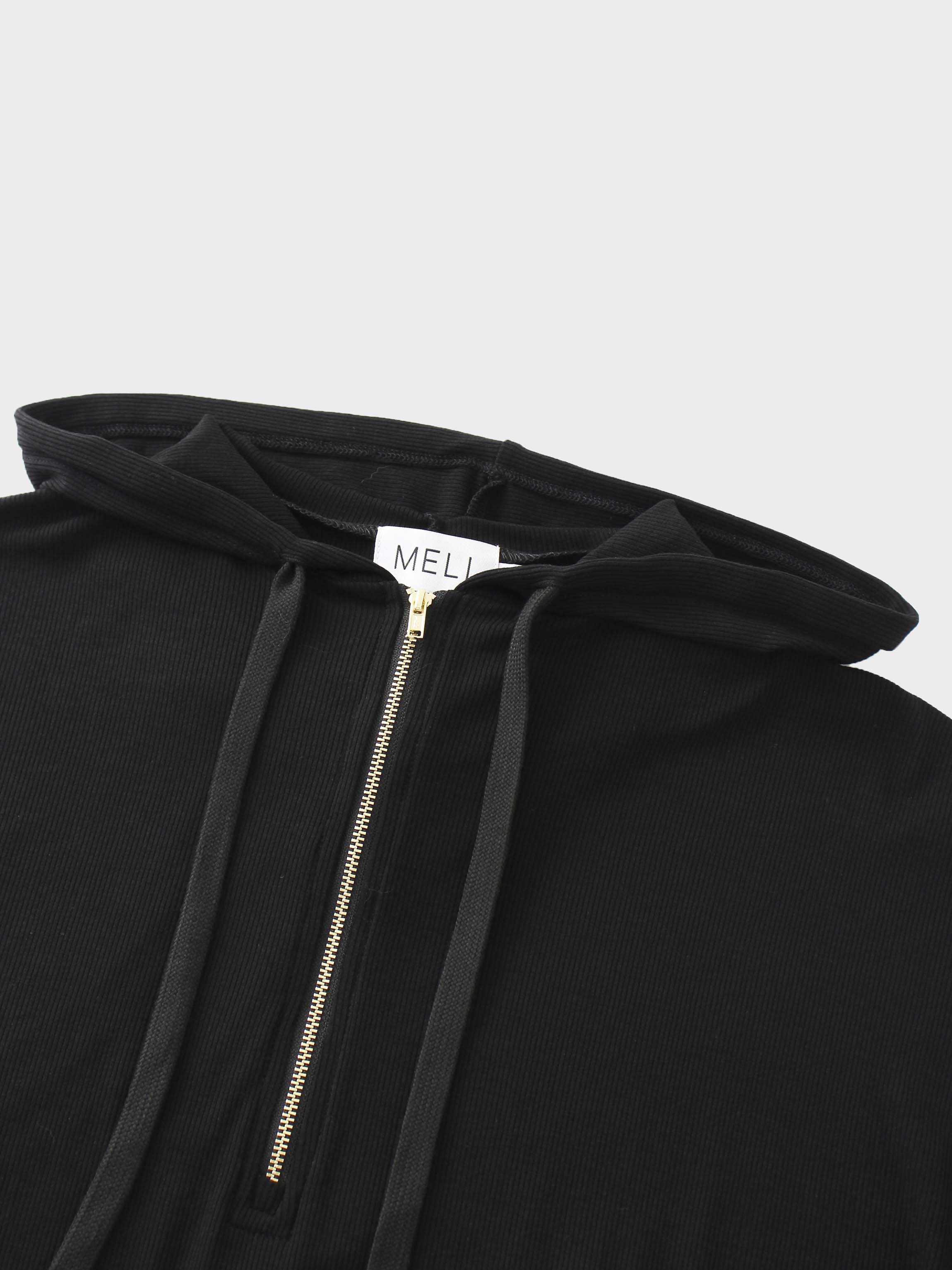 Ribbed Half Zip Hoodie Tee-Black
