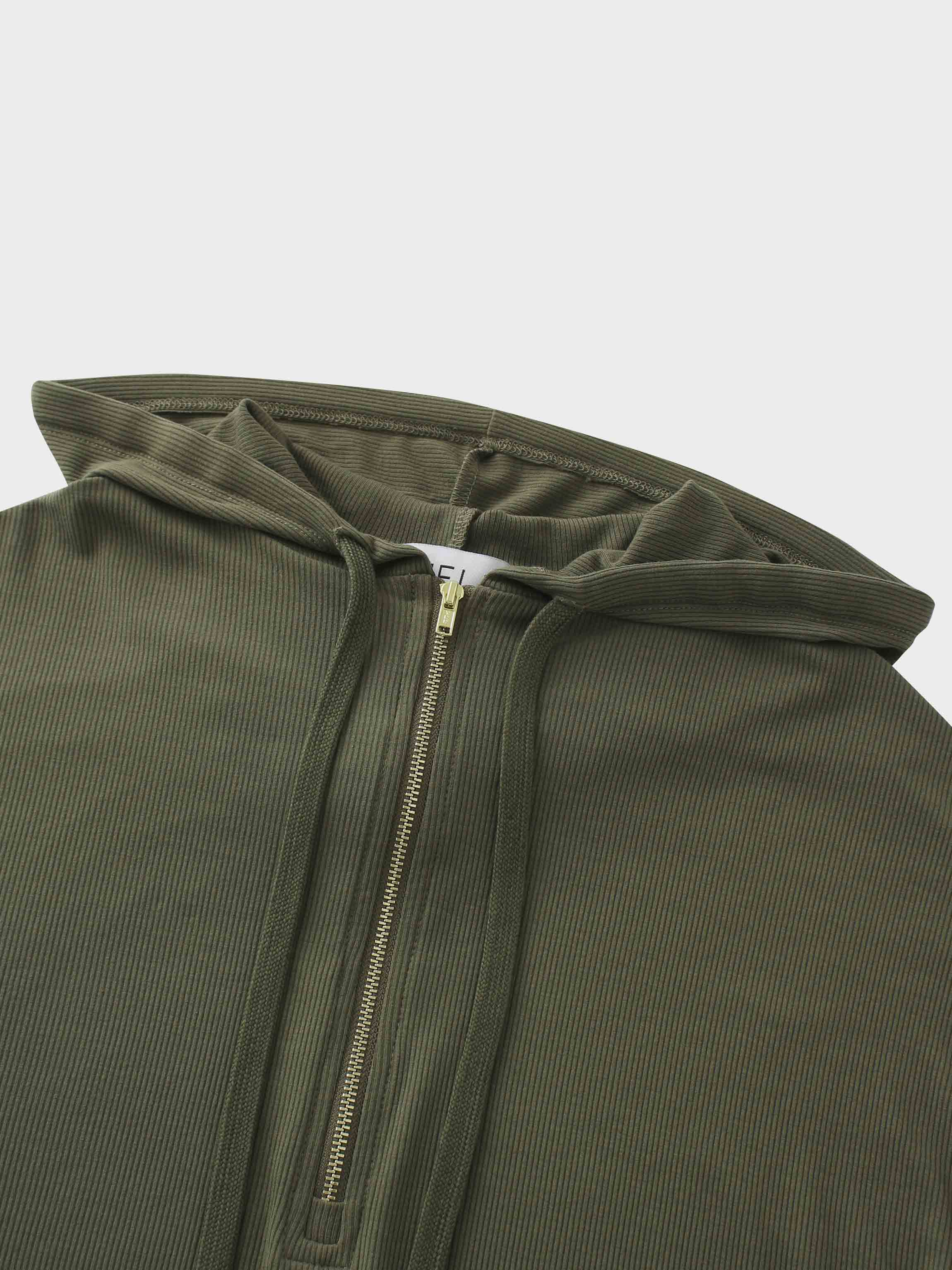 Ribbed Half Zip Hoodie Tee-Olive Green