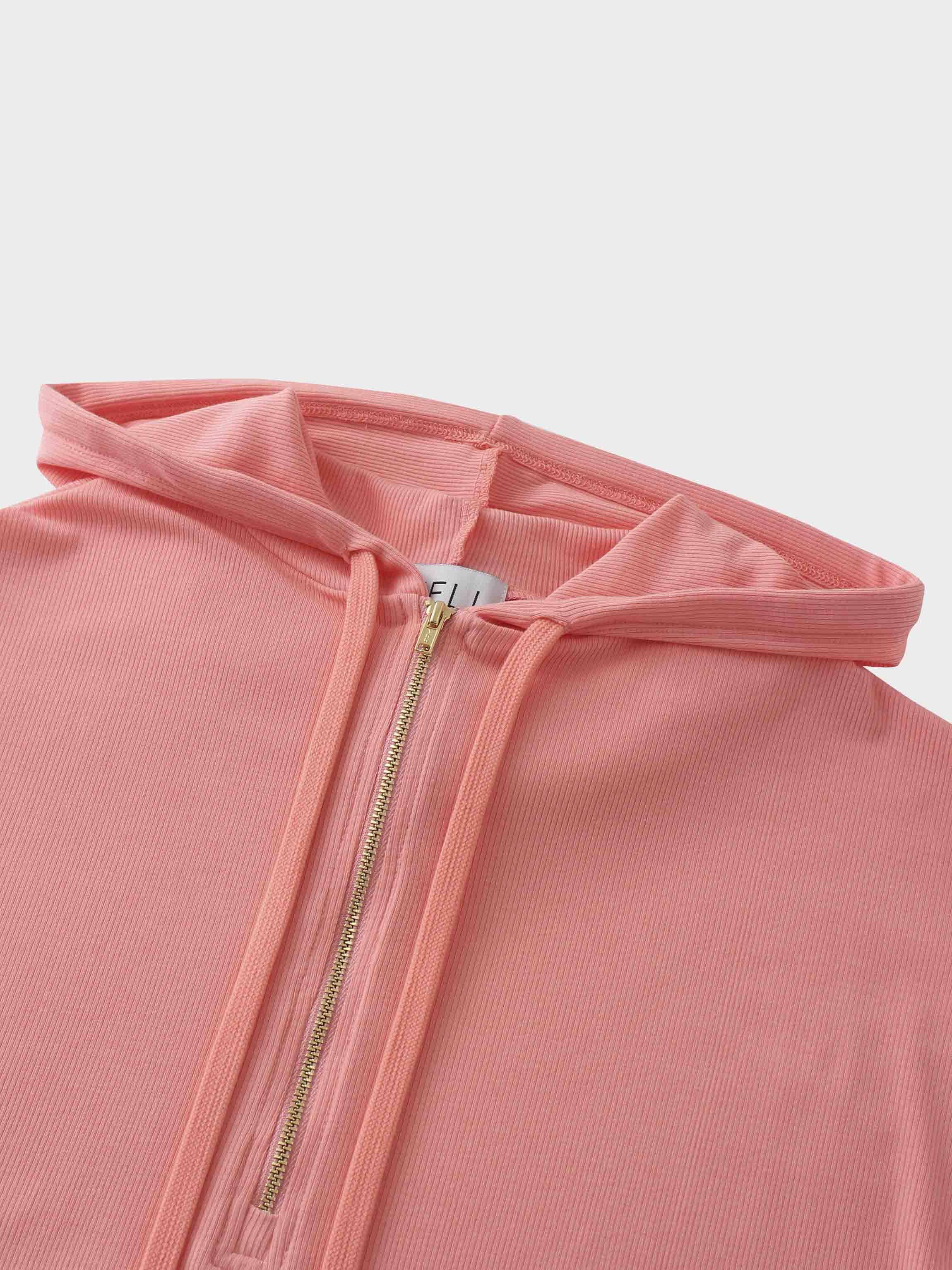 Ribbed Half Zip Hoodie Tee-Coral Pink