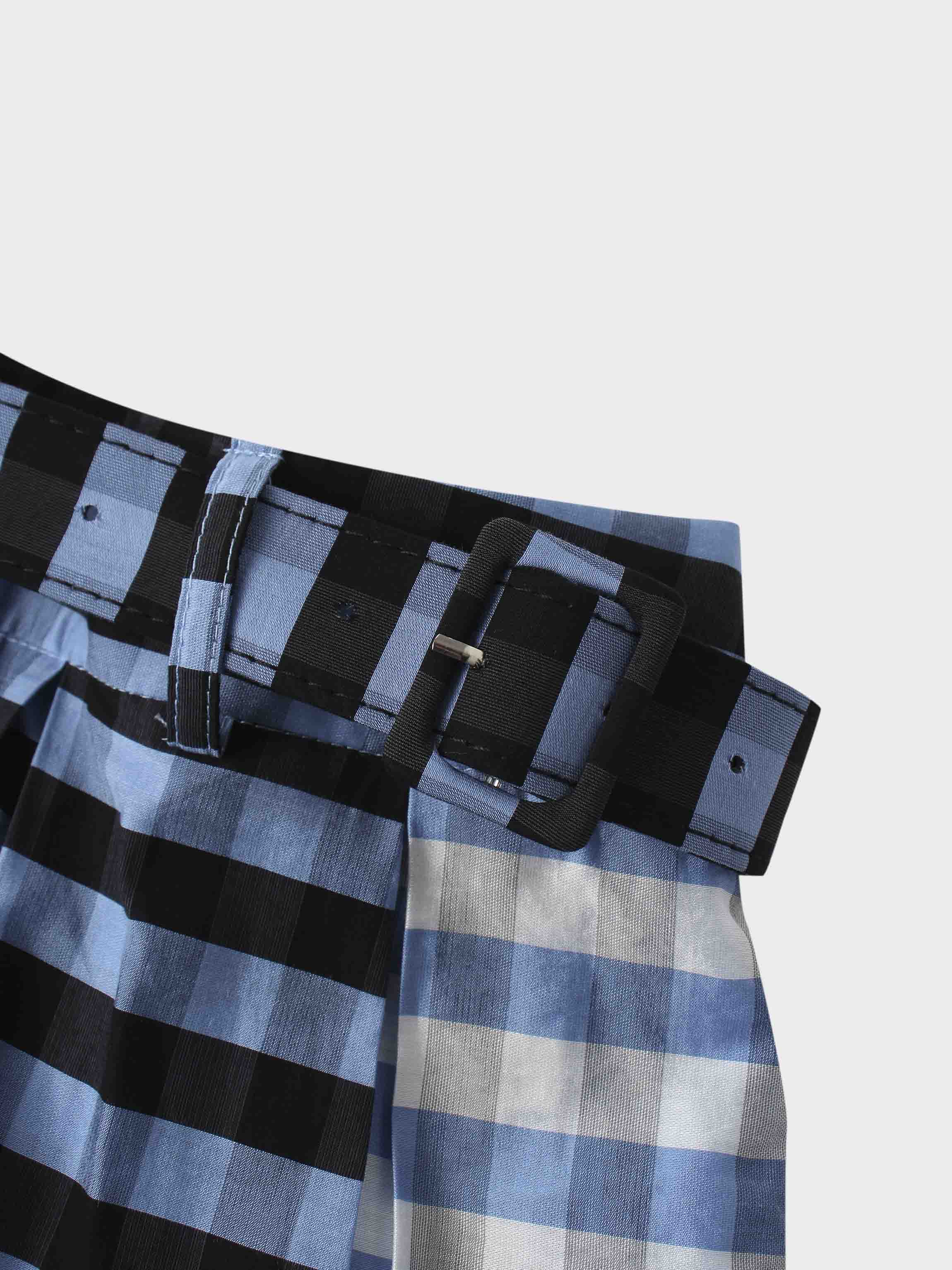 Gingham Two Color Box Pleat Skirt-Blue