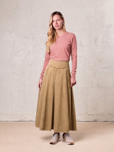 Inverted Yoke Pleat Denim Skirt-Light Tan