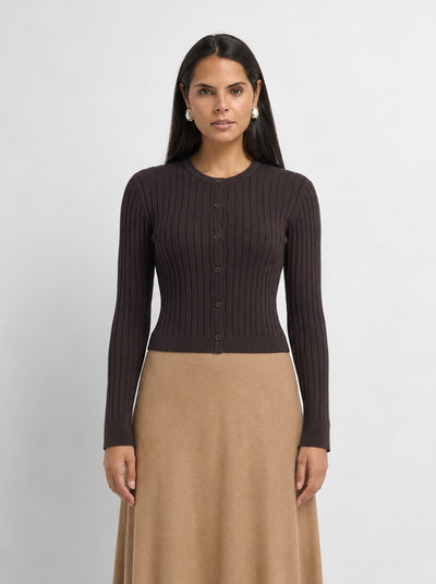 Lightweight Ribbed Cardigan 17" - Brown