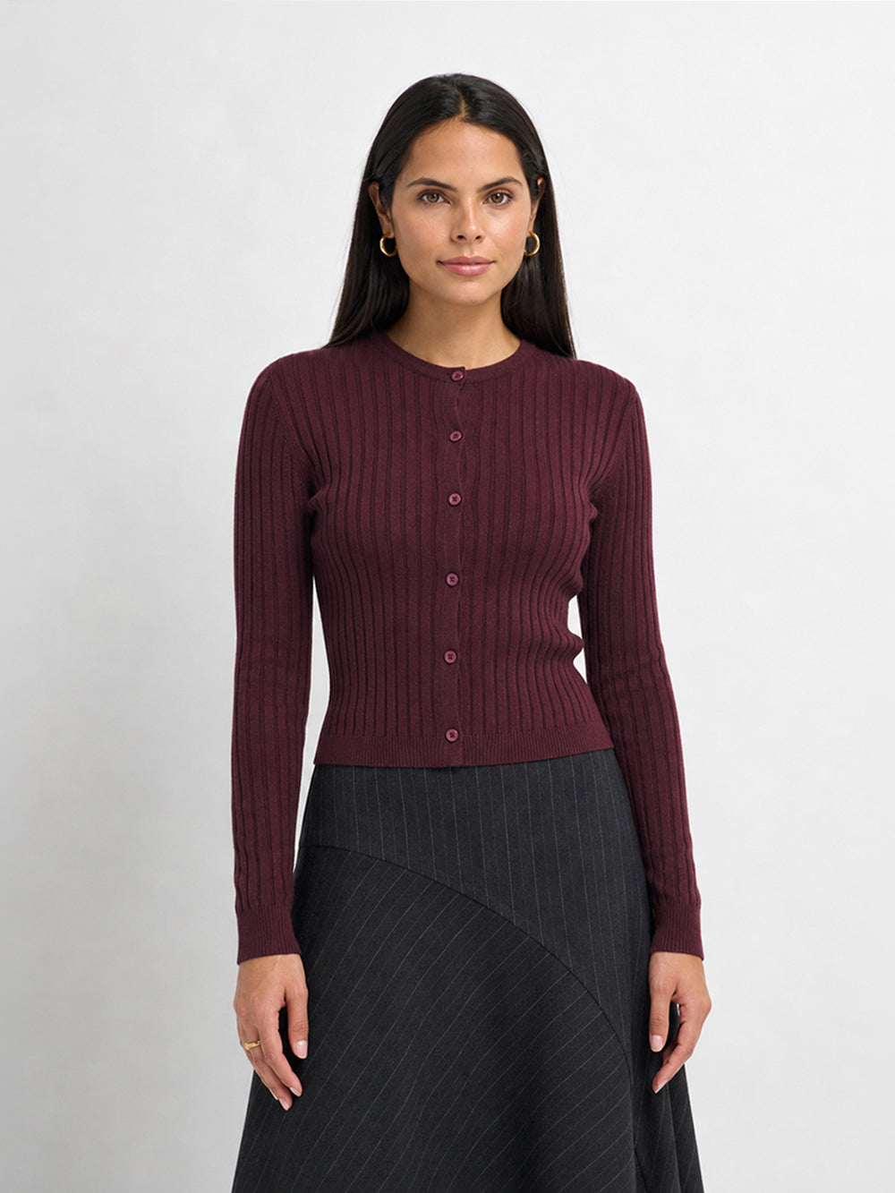 Lightweight Ribbed Cardigan 17"- Burgundy