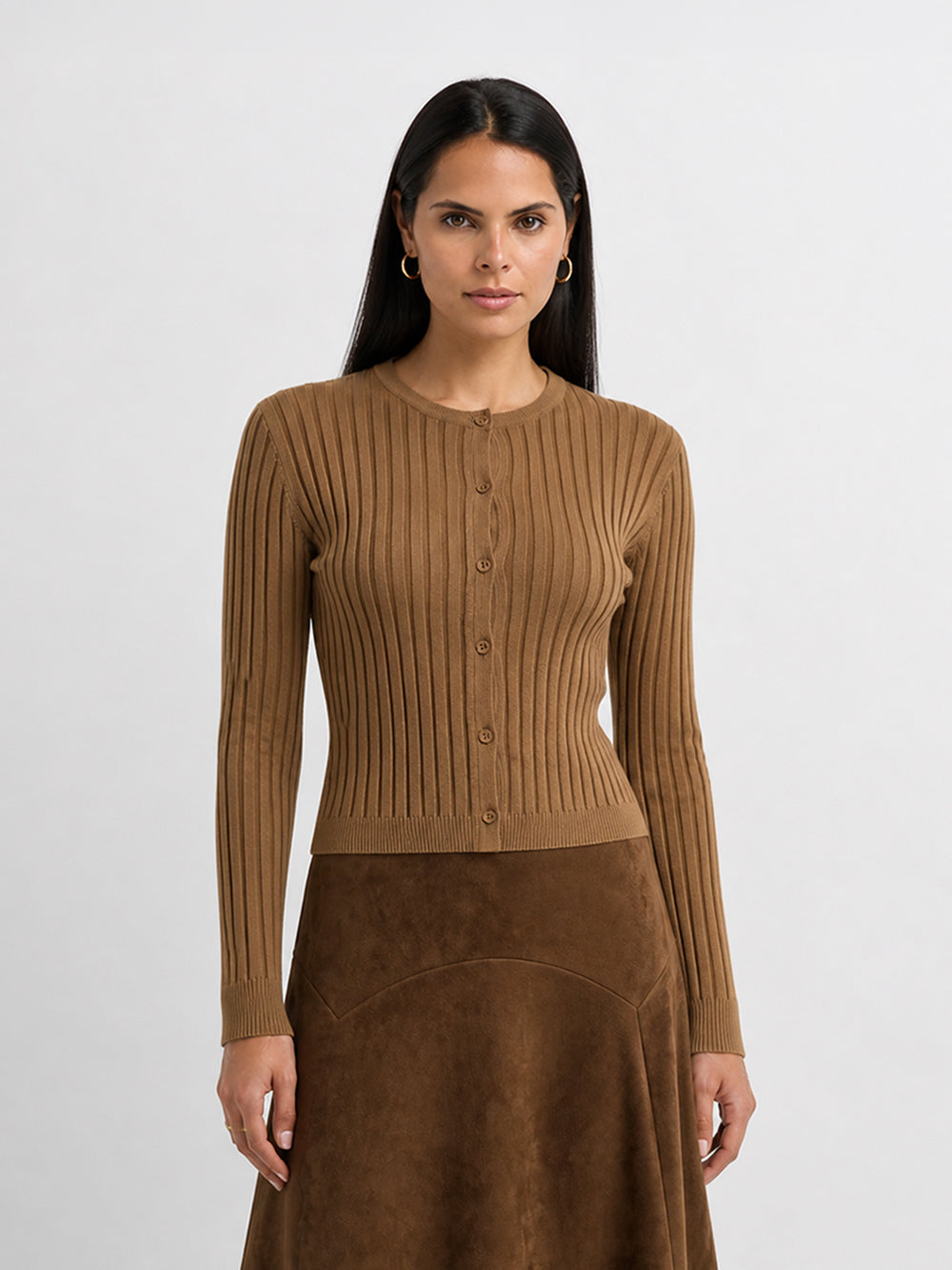 Lightweight Ribbed Cardigan 20" - Camel