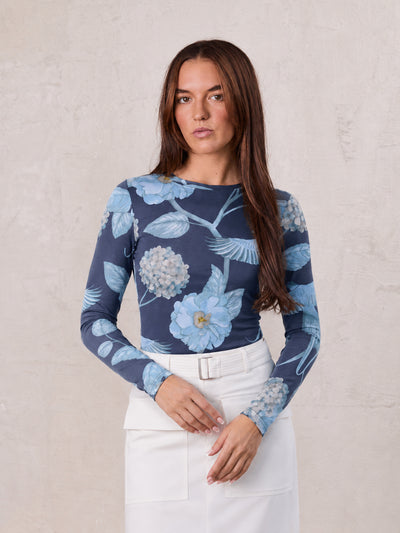 Basic Printed T-shirt-Light Blue Flowers