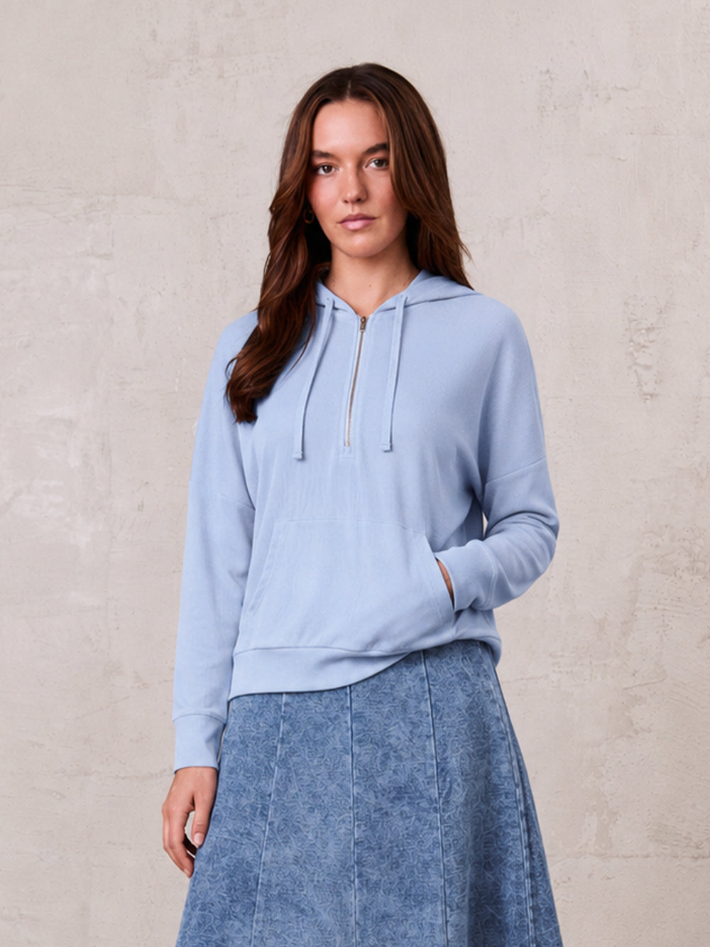 Ribbed Half Zip Hoodie Tee-Baby Blue
