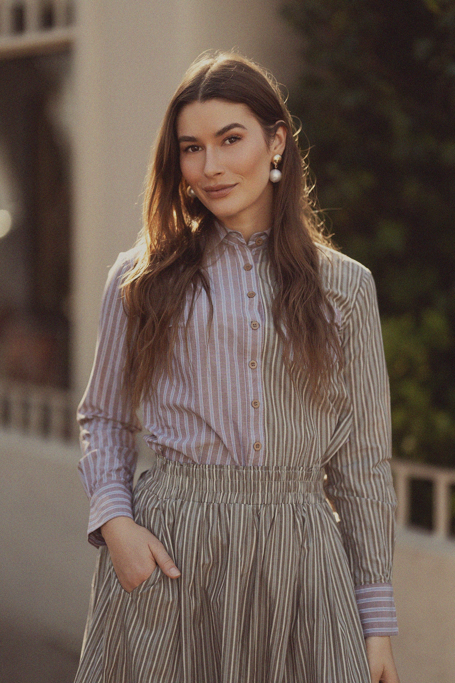 Mix Pinstripe Button Down Shirt-Khaki Stripe