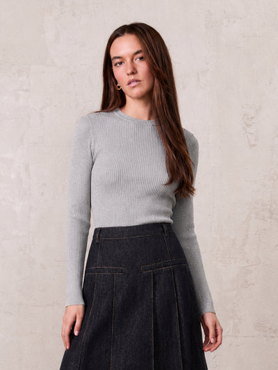 Rounded Hem Ribbed T-Shirt-Grey