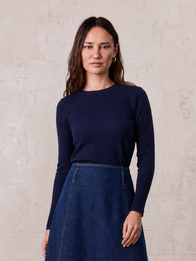 Rounded Hem Ribbed T-Shirt-Navy
