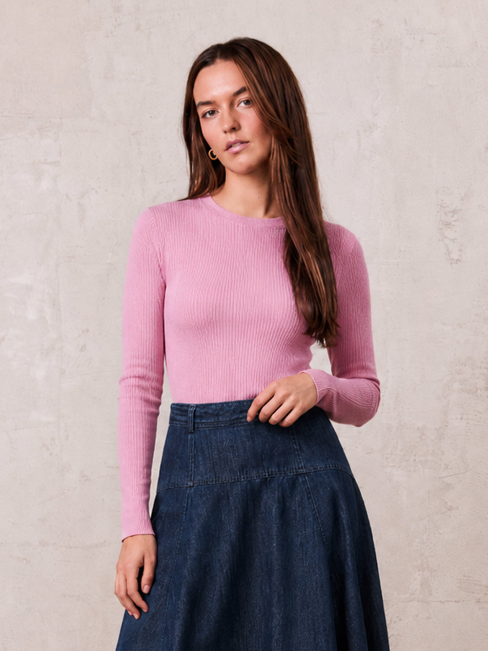 Rounded Hem Ribbed T-Shirt-Pink