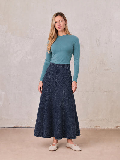 Paneled Flare Skirt 35"-Blue Wash