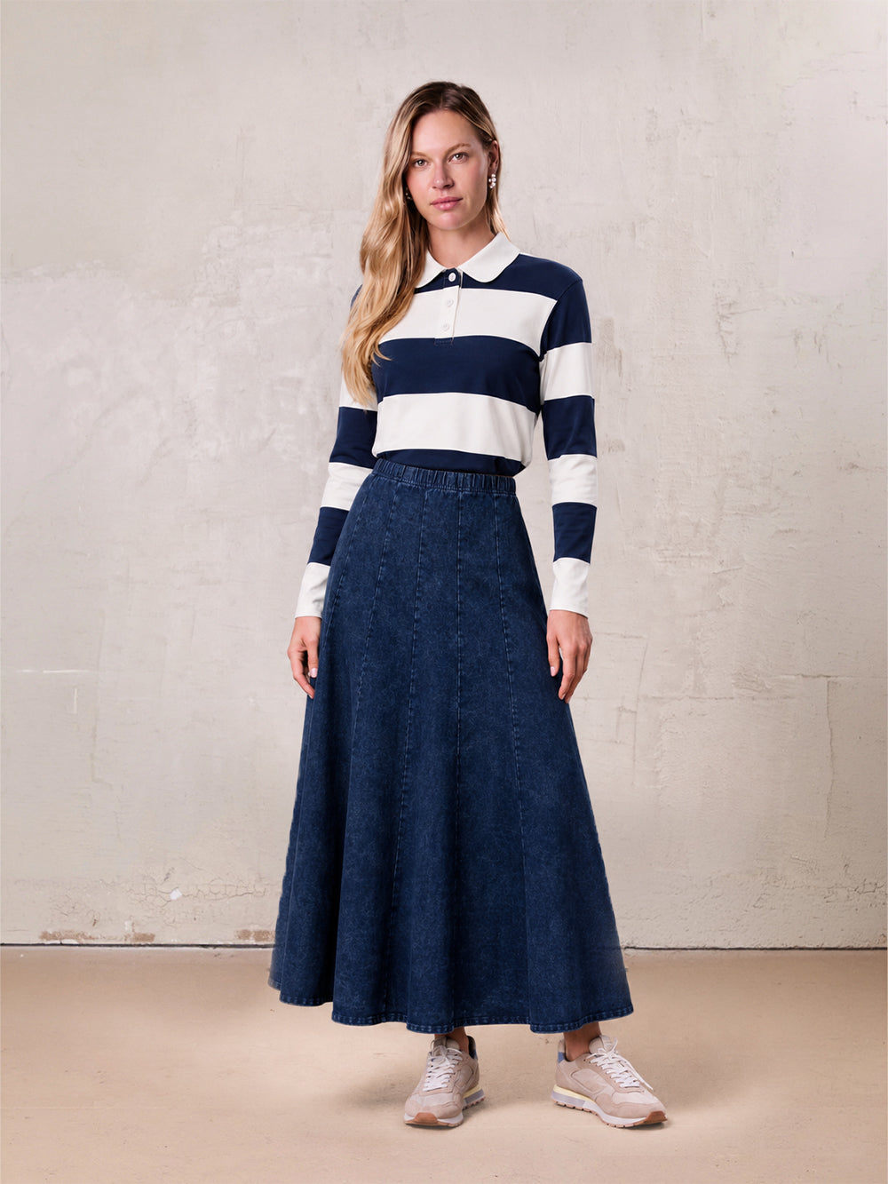Paneled Flare Skirt 37"-Dark Blue Wash