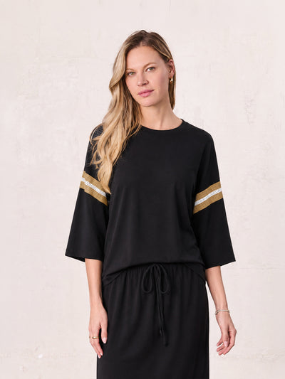 Crochet Stripe Boxy Tee-Black/Tan/White