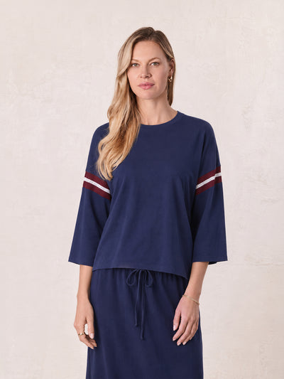 Crochet Stripe Boxy Tee-Blue/Burgundy/White