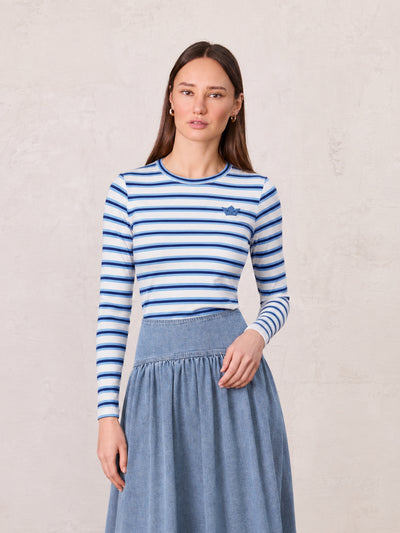 Embroidered Crown Striped Tee-Light Blue/Dark Blue