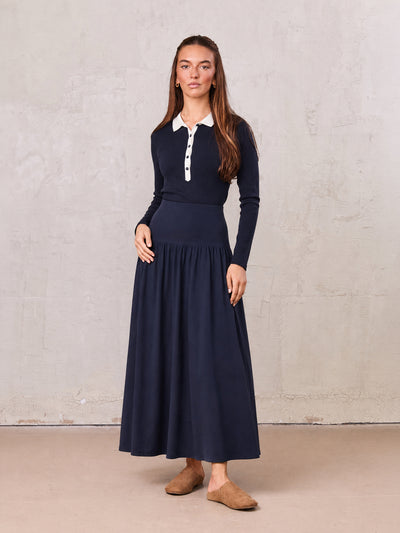 T-Shirt Ribbed Yoke Skirt-Navy