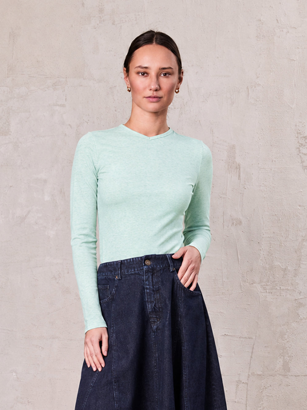 Basic High V Tee Long Sleeve-Heathered Mint/Grey