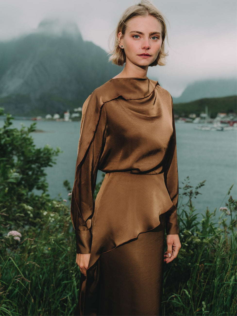 Faux Satin Ruffle Skirt - Bronze