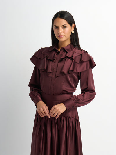 Double Ruffle Faux Satin Blouse - Wine