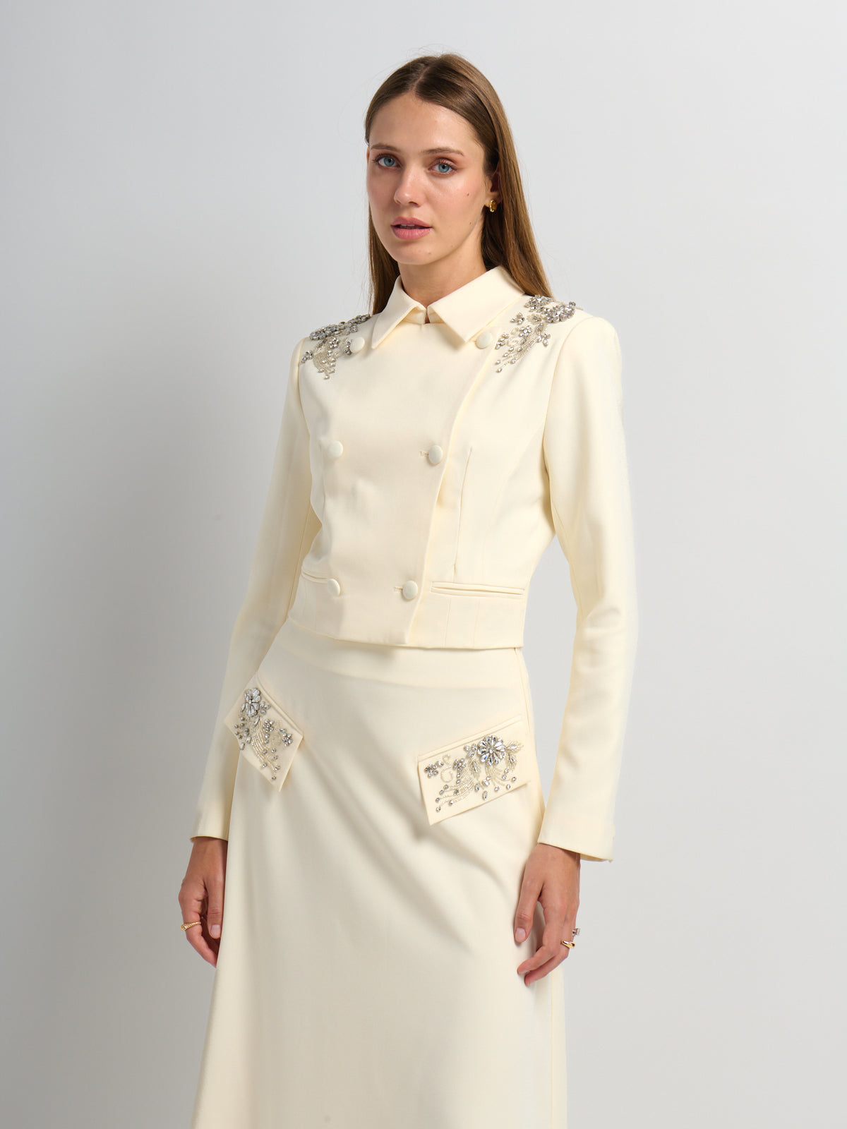 Crop Embelished Jacket - Cream
