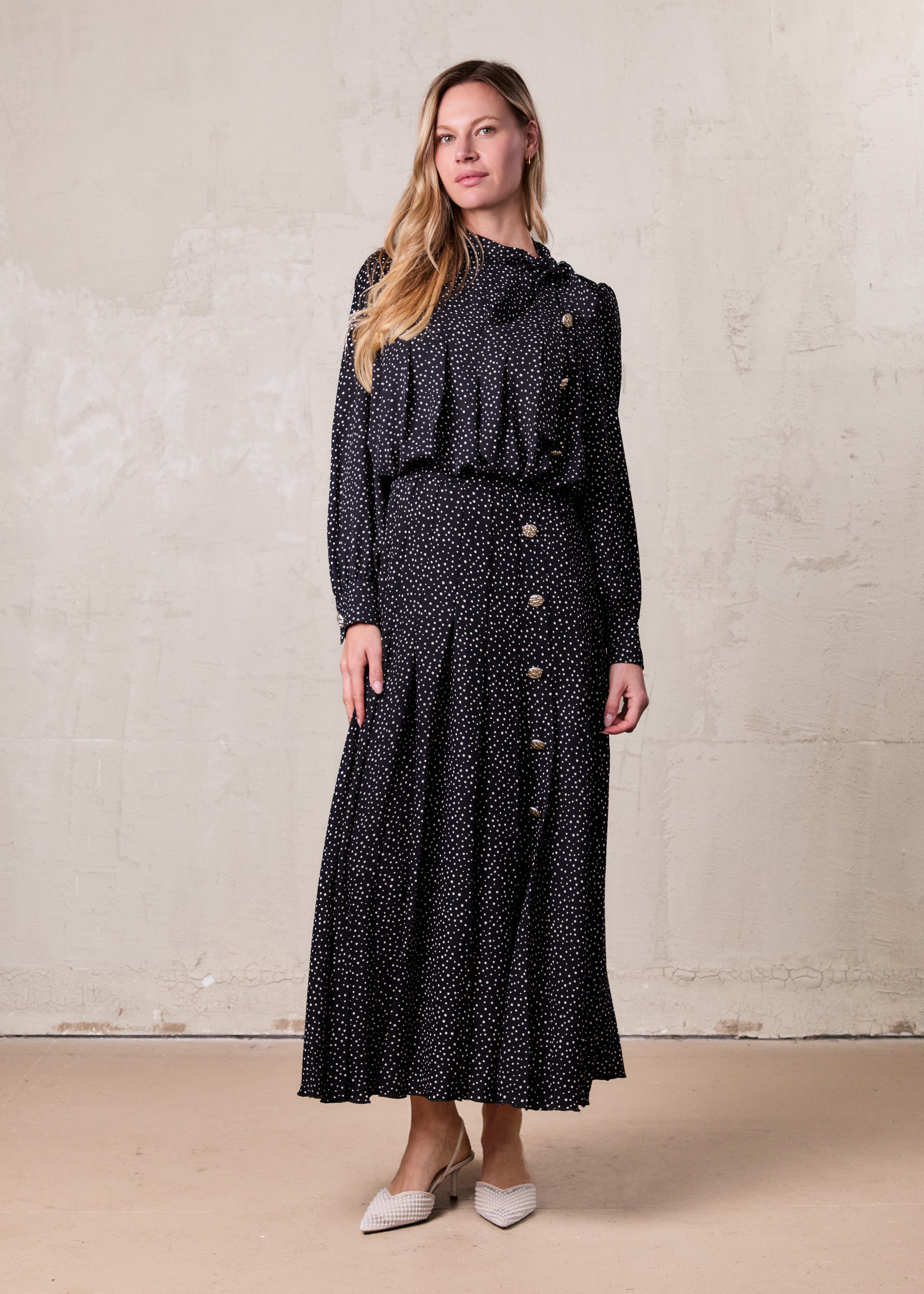 Side Button Pleat Dress-Polka Dot