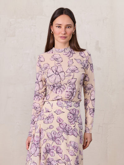 Mesh Crew Neck Print Top-Lavender Floral