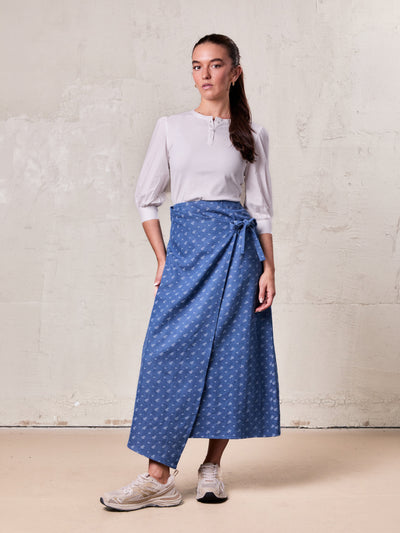 Mock Wrap Edged Detail Skirt-Blue Floral