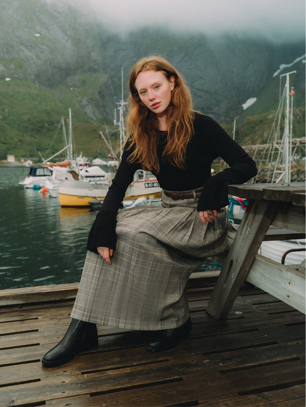 Pocket Design Yoke Pleated Skirt - Black/Tan Plaid