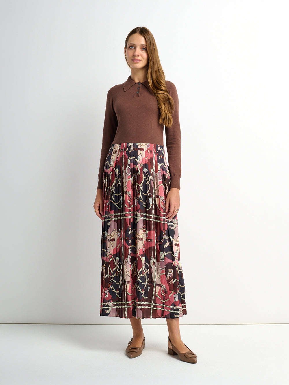 Knit Polo Top Pleat Dress - Brown