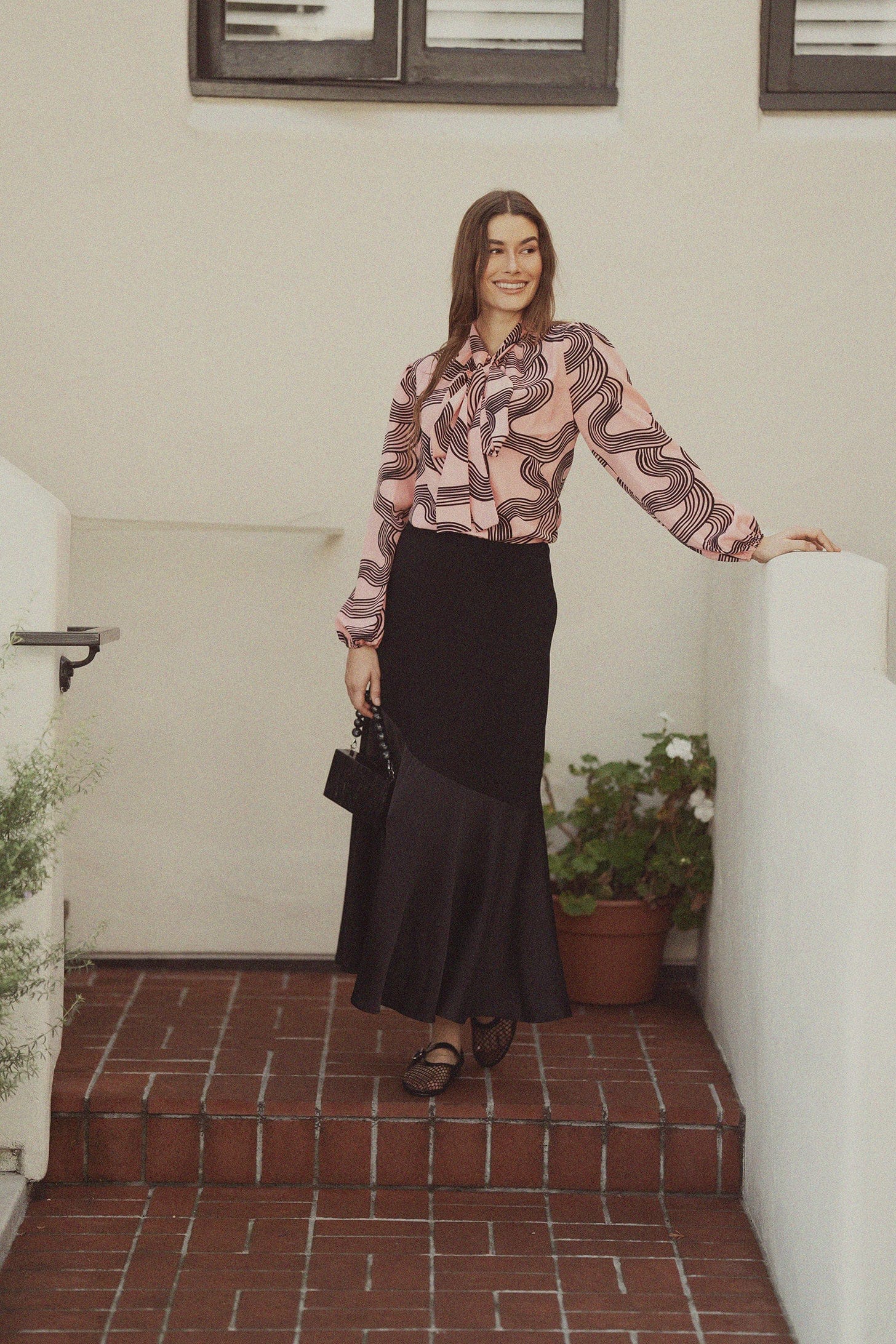 Front Placket Bow Blouse-Black Swirl