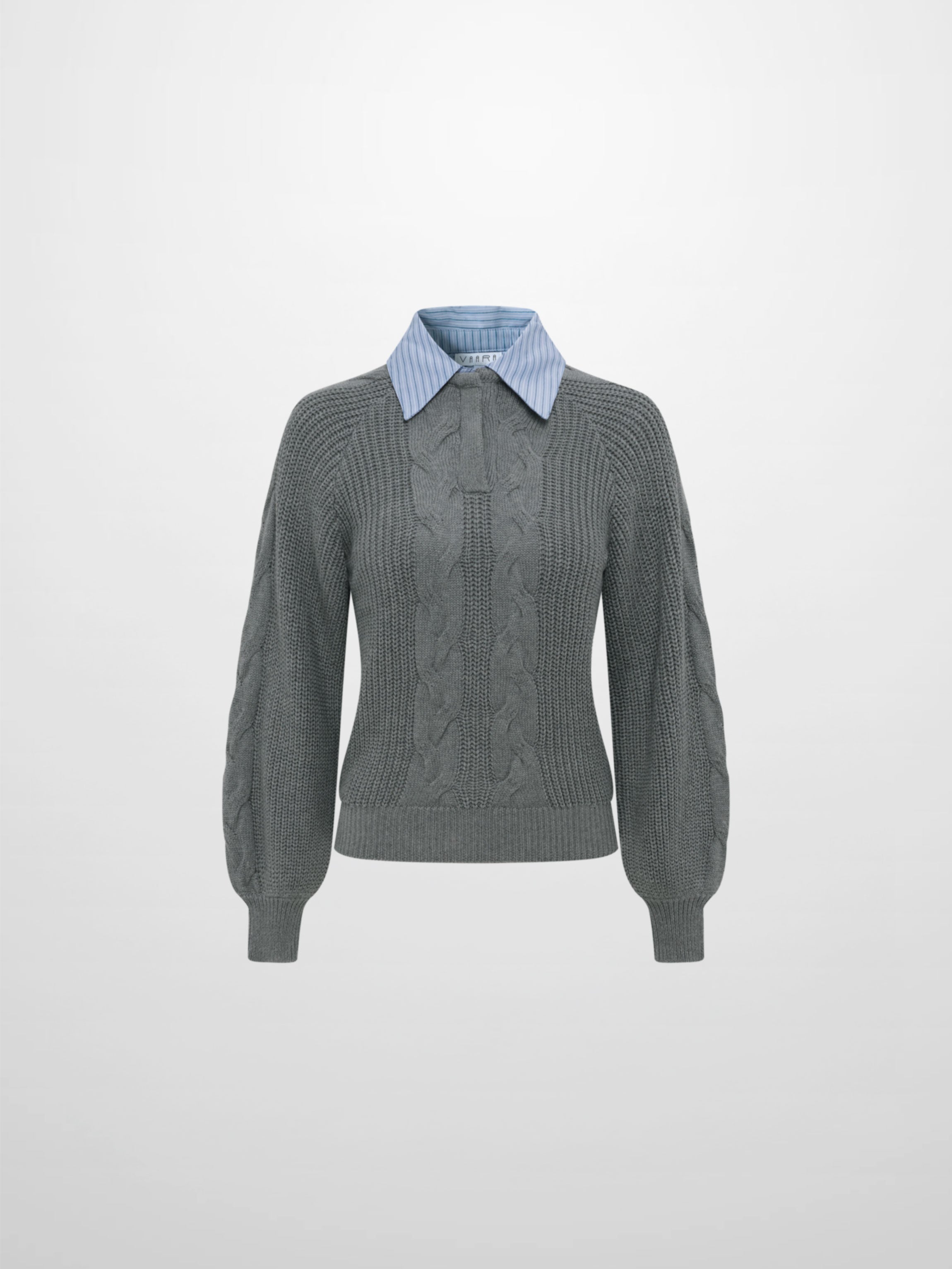 Shirt Collar Sweater - Grey/Light Blue Stripe